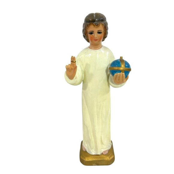 Infant Prague Child Jesus Chalk/Plaster Statue Robe Religious Vtg 11” Figurine - Picture 3 of 17